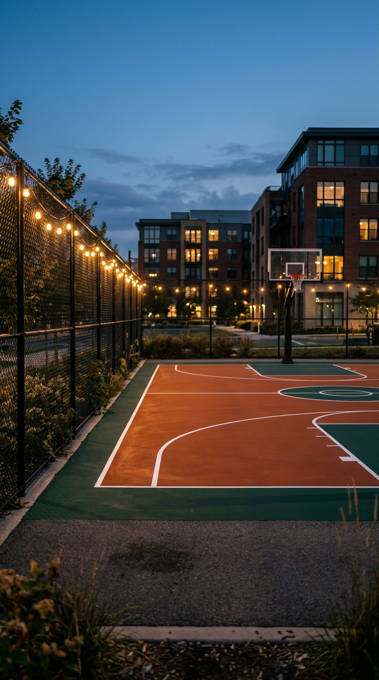 A finished outdoor basketball court in green and burnt orange, lit by string lights at dusk